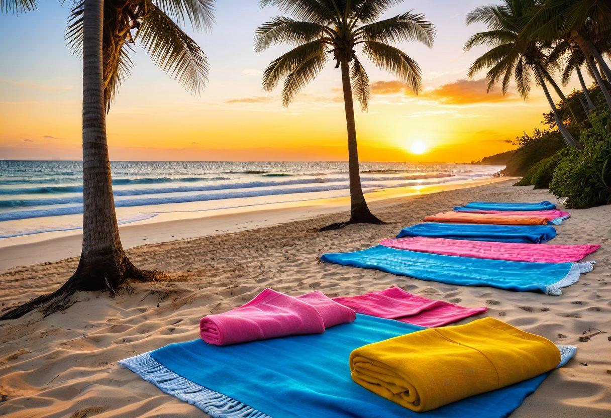 A serene beach scene with a glowing sun setting in the background, showcasing a diverse group of people applying sunscreen, hydrating with coconut water, and enjoying skin care products like aloe vera and natural oils. Include colorful beach towels, vibrant tropical plants, and gentle waves in the foreground to evoke a feeling of relaxation and summer vibes. super-realistic. vibrant colors. tropical theme.
