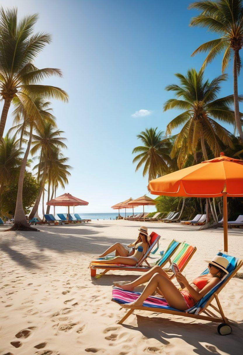 A vibrant beach scene showcasing a diverse group of people wearing stylish swimwear, complete with sun protection like hats and sunglasses. Include accessories like colorful beach towels and skincare products laid out on brightly colored beach chairs, surrounded by palm trees and ocean waves in the background. Capture a sense of fun and relaxation, inviting viewers to enhance their swimwear look. 3D. vibrant colors. summer vibes.